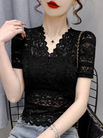 V-neck short-sleeved lace top for women in summer, with a cinched waist, short and sexy cut-out base layer. A high-end top with a small shirt underneath thumbnail 7