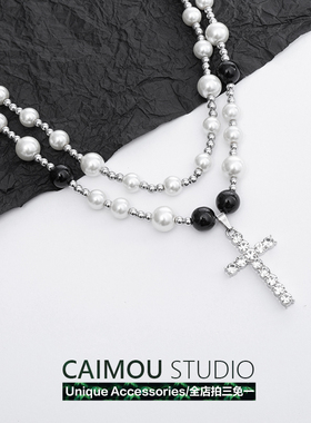 caimou十字架黑白珍珠男小众钛钢