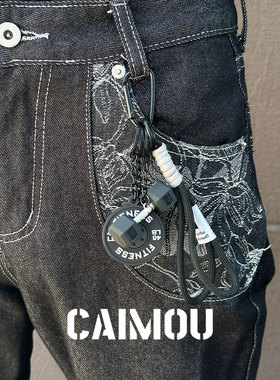 CAIMOU黑色哑铃水杯裤链配饰男