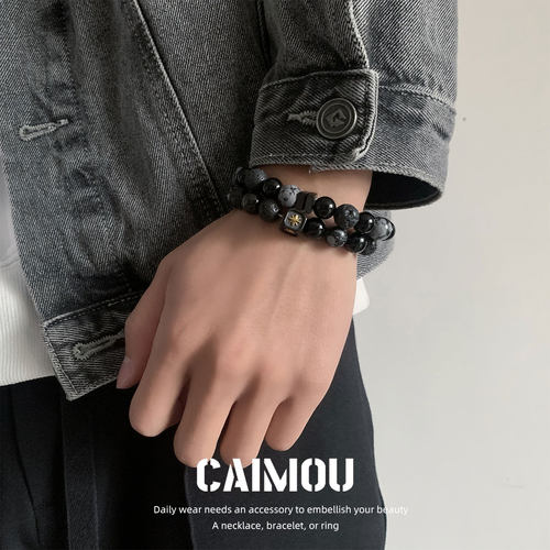 黑曜石玛瑙串珠手链男士金色复古