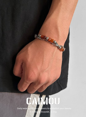 嘻哈风棕色天然拼接手链男款手链女欧美百搭小众设计感情侣手饰品