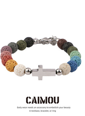 CAIMOU彩色圆珠手链男潮流嘻哈火山石十字架拼接钛钢个性手环女