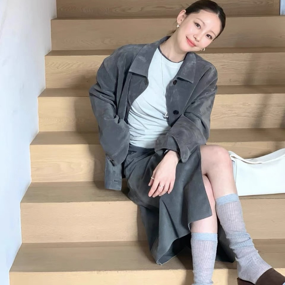 VERIDIAN DEW-韩国mon*ha新款时尚复古绒面革夹克外套 系带半身裙