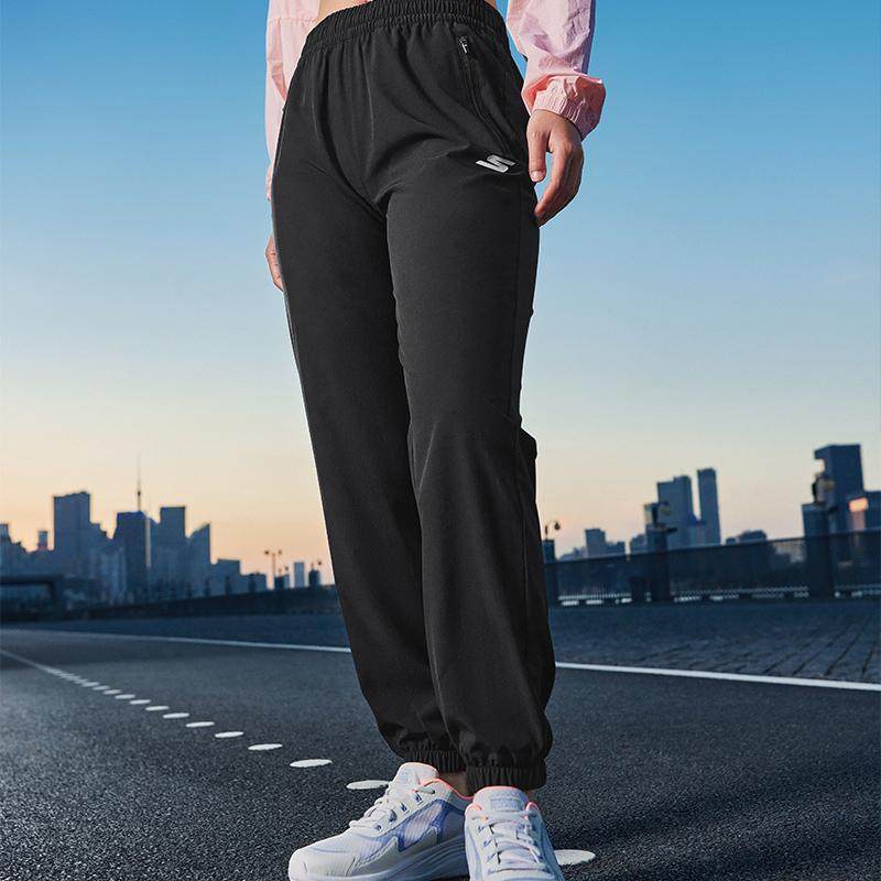斯凯奇2025秋季新款女子黑色梭织长裤速干吸汗跑步运动裤休闲裤