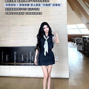 Barb Chill单宁序章无袖牛仔连衣裙女夏季复古通勤 a 字短裙