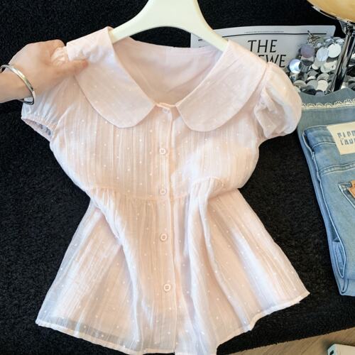 实拍 韩系娃娃领波点泡泡袖衬衫女夏季穿搭粉色小衫宽松显瘦上衣
