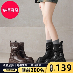 ZHR则则加绒马丁靴皮带扣西部风厚底短靴鞋