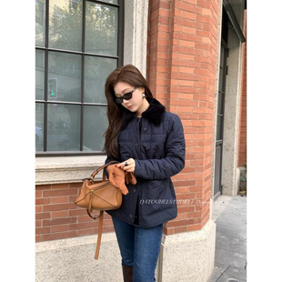 首尔街头 秋冬新品 毛领绗棉服厚外套女收腰显瘦 大头黑自制