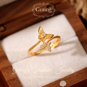 尾戒轻奢高级感装 古婷沙金锆石蝴蝶开口戒指女2026新款 爆款 饰指环