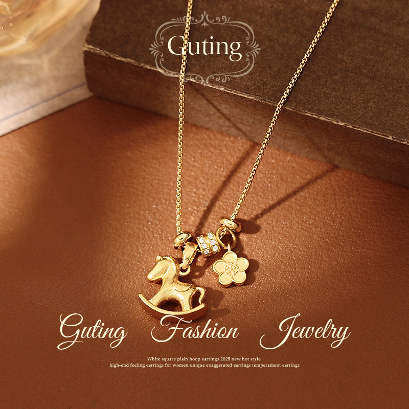 古婷古法沙金小马花朵吊坠项链女款2026新款高级感轻奢小众毛衣链,饰品/流行首饰/时尚饰品新,项链,淘宝优惠券,粉丝福利购,淘宝优惠卷