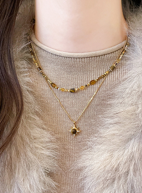 古婷金色虎眼石八芒星项链高级感