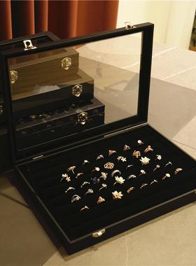 黑色珠宝箱首饰项链戒指耳环手镯古玩格子收纳展示盒带盖防尘玻璃