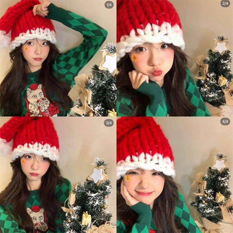 红色圣诞节毛线针织帽冬季可爱创意氛围女生网红自拍道具礼品