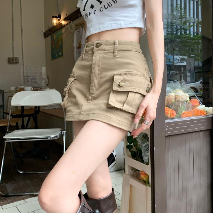 卡其色工装裙女夏季辣妹防走光牛仔显瘦复古半身裙高腰A字短裙子