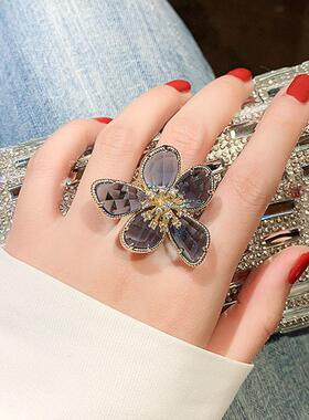 欧美个性夸张水晶花戒指女气质时尚开口指环设计感网红食指戒子潮