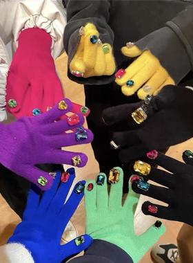 彩色钻石手套五指水钻DIY绿色带钻宝石分指镶钻土酷灭霸美甲手套