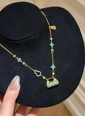 复古新中式滴釉平安锁项链女珐琅彩绘油画感吊坠小众设计感锁骨链