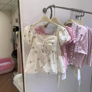 编 短袖 套头超仙印花小衫 方领泡泡袖 宽松女上衣百搭小清新碎花衬衫