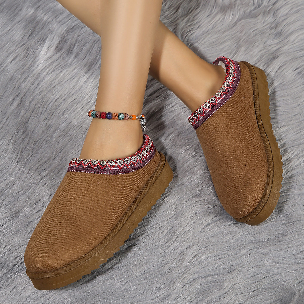 外贸女士秋冬新款花边时尚雪地靴女鞋半拖棉鞋加厚毛绒拖鞋,女鞋,时尚雪地靴,淘宝优惠券,粉丝福利购,淘宝优惠卷