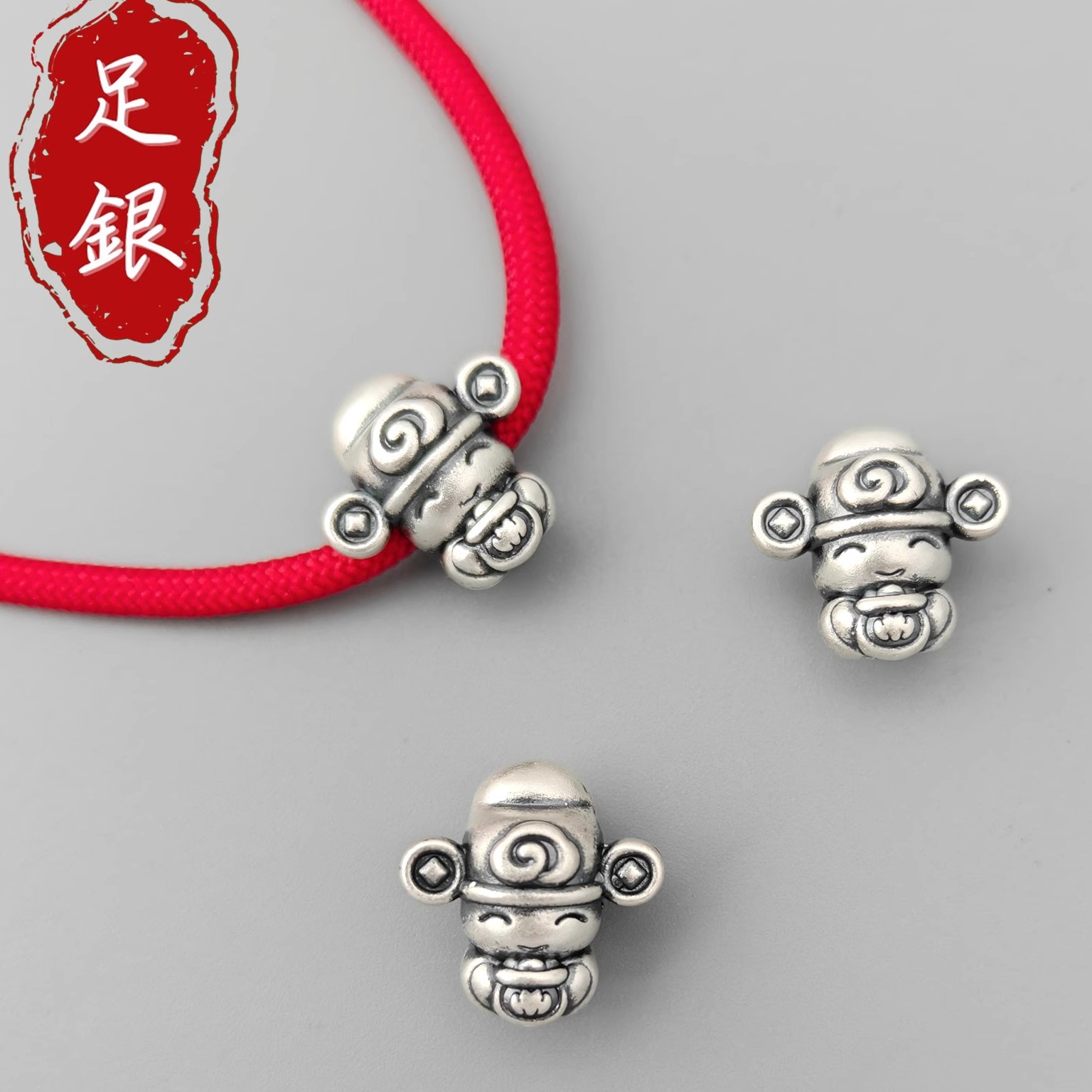 足银999古风小财神3D硬银串珠