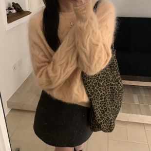 温柔慵懒风绵羊毛拉毛麻花纹圆领毛衣针织衫 LM家高品 秋冬新品