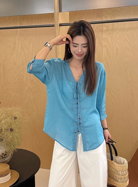 LM家高品  夏季新品甜美气质超美马卡龙蕾丝拼接V领7分袖苎麻小衫