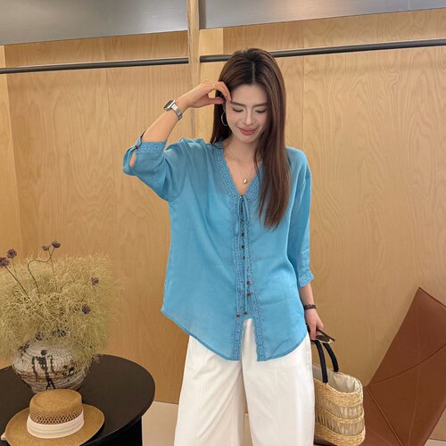 LM家高品  夏季新品甜美气质超美马卡龙蕾丝拼接V领7分袖苎麻小衫