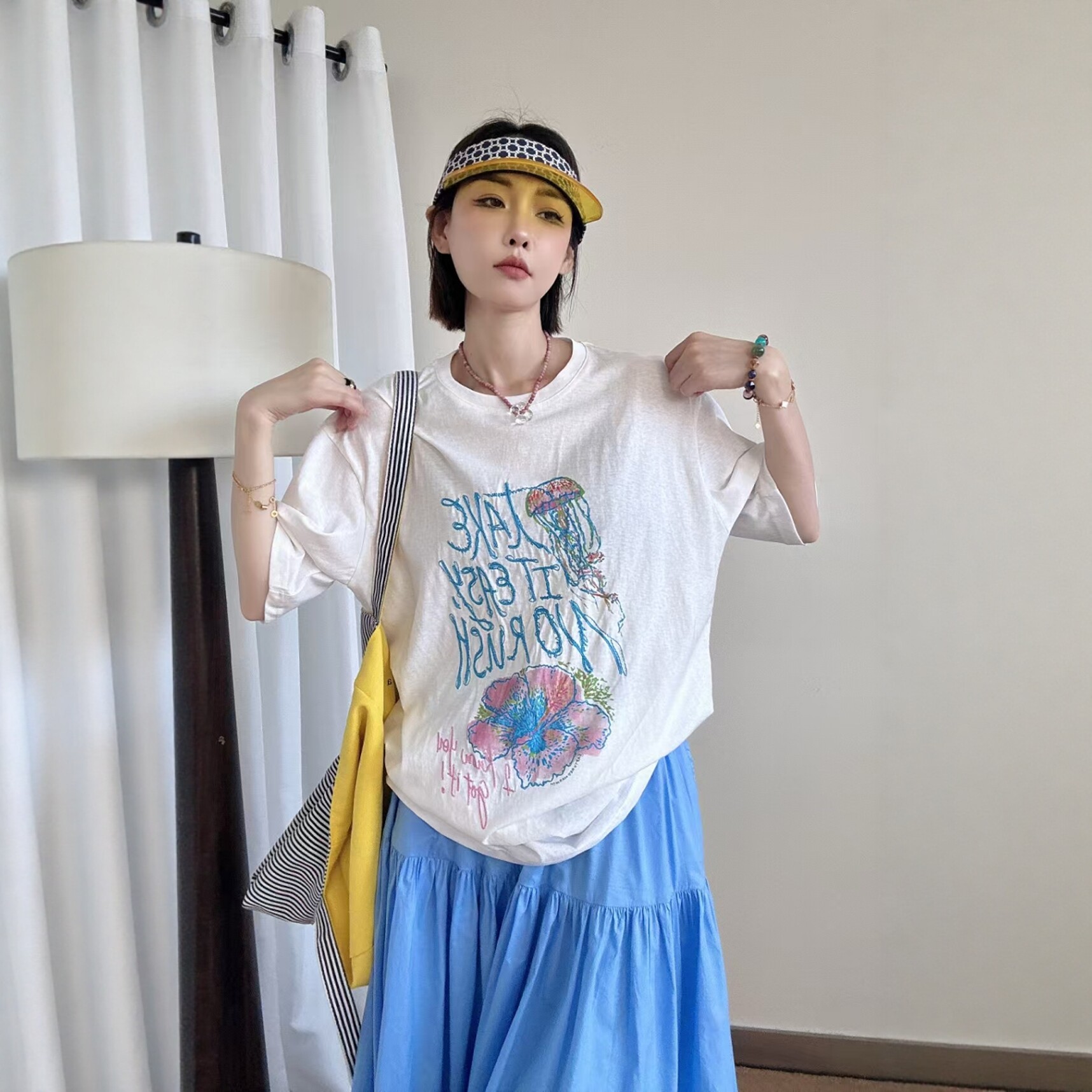 LM家高品  夏季新品宽松慵懒风重工刺绣水母印花圆领短袖T恤