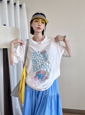 LM家高品  夏季新品宽松慵懒风重工刺绣水母印花圆领短袖T恤