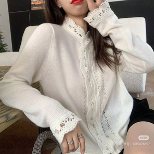 LM家高品  新年新衣法式温柔风立领蕾丝钩花显瘦减龄百搭开衫毛衣