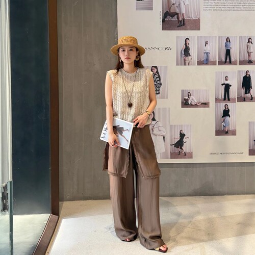 LM家高品  夏季新品慵懒老钱风显瘦百搭蕾丝拼接裙帘垂感阔腿裤