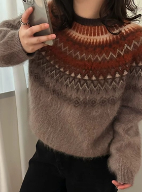 LM家高品  新年新衣温柔慵懒风原创配色设计款经典费尔岛拉毛毛衣