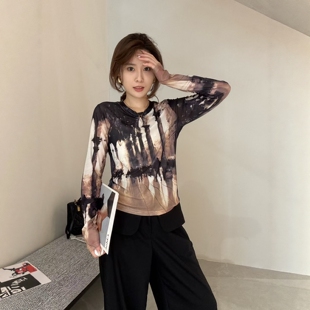优雅复古晕染印花细腻网纱百搭长袖 LM家高品 修身 新品 T恤 秋季