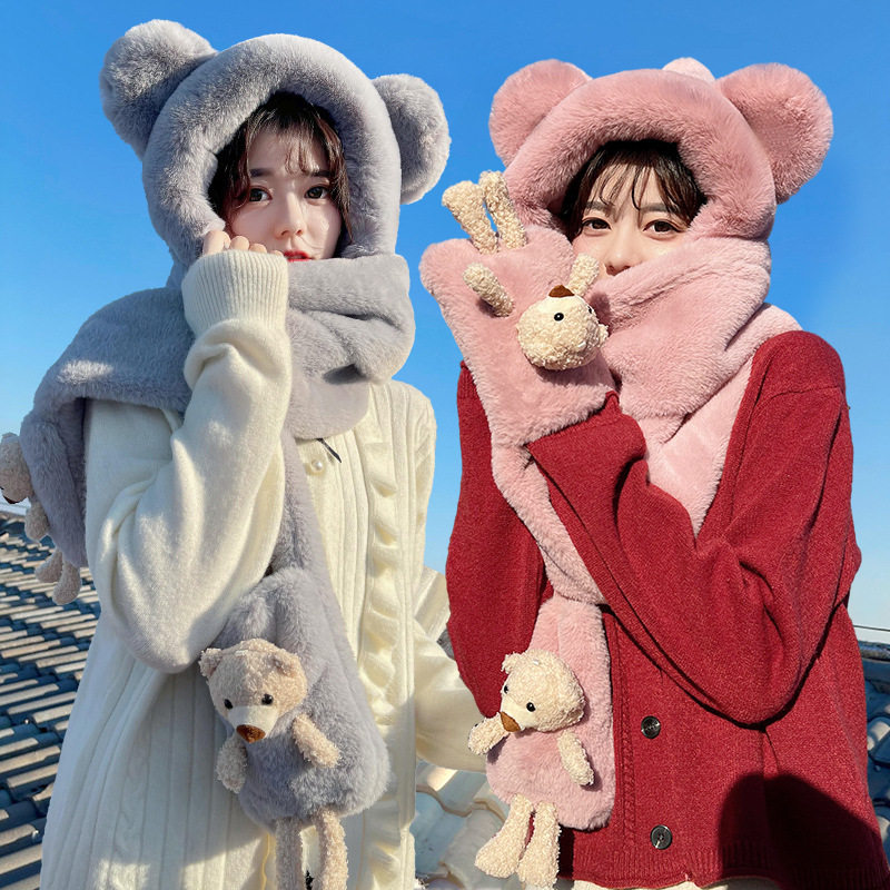 小熊帽子韩版可爱女百搭秋冬季冬天围巾一体帽保暖手套围脖三件套