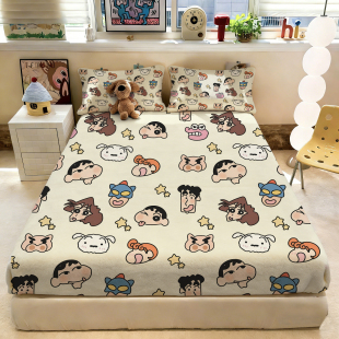 蜡笔小新满印三件套冬季 加绒加厚牛奶绒床笠枕套学生宿舍床品亲肤