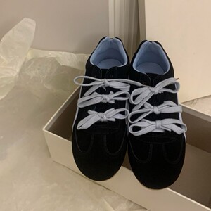 牛皮版~厚底真皮拼色蝴蝶结德训鞋女超软休闲透气系带运动鞋板鞋