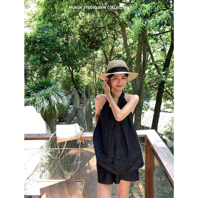 法式复古小众设计感挂脖吊带背心上衣女夏季宽松阔腿短裤两件套装