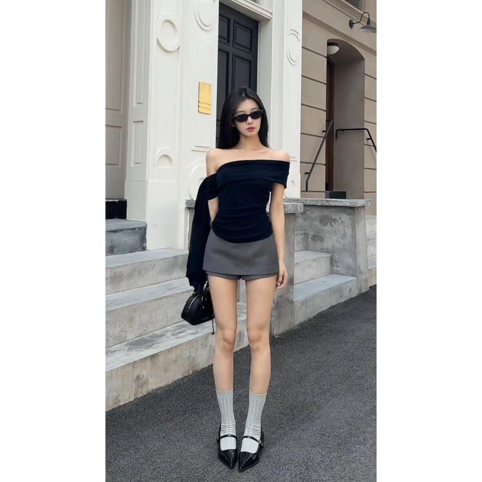 韩系时尚假两件西装半身裙女ins春夏新款复古百搭侧拉链包臀裤裙
