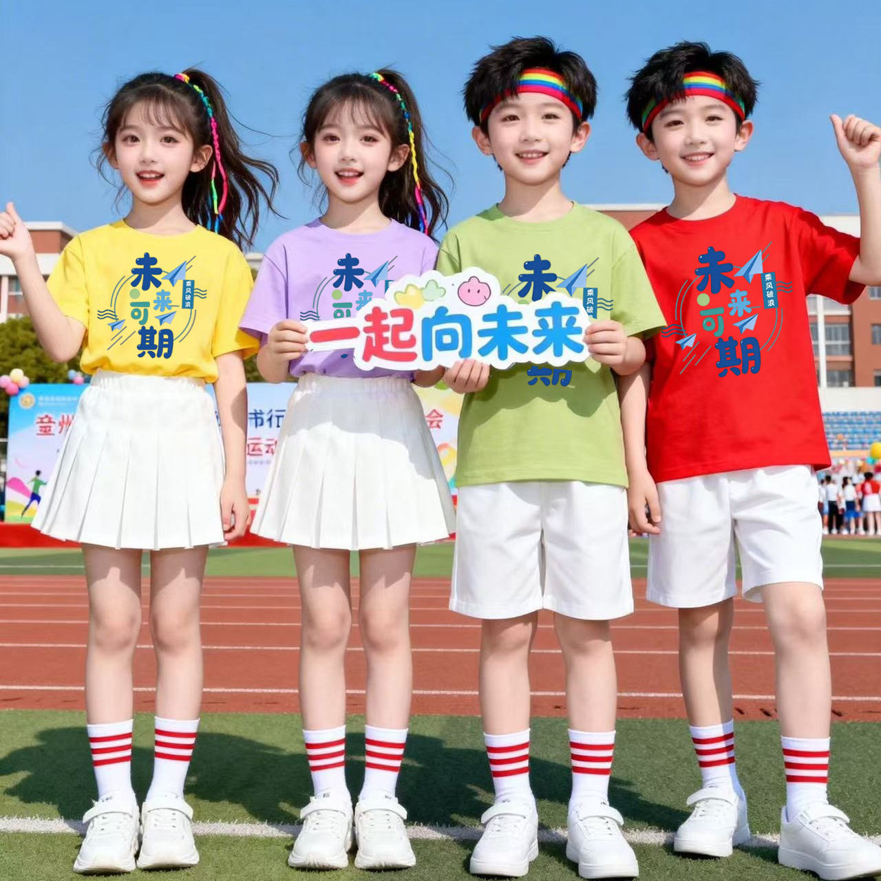 幼儿园小学生毕业季未来可期糖果色活动班服短袖纯棉T恤彩色套装