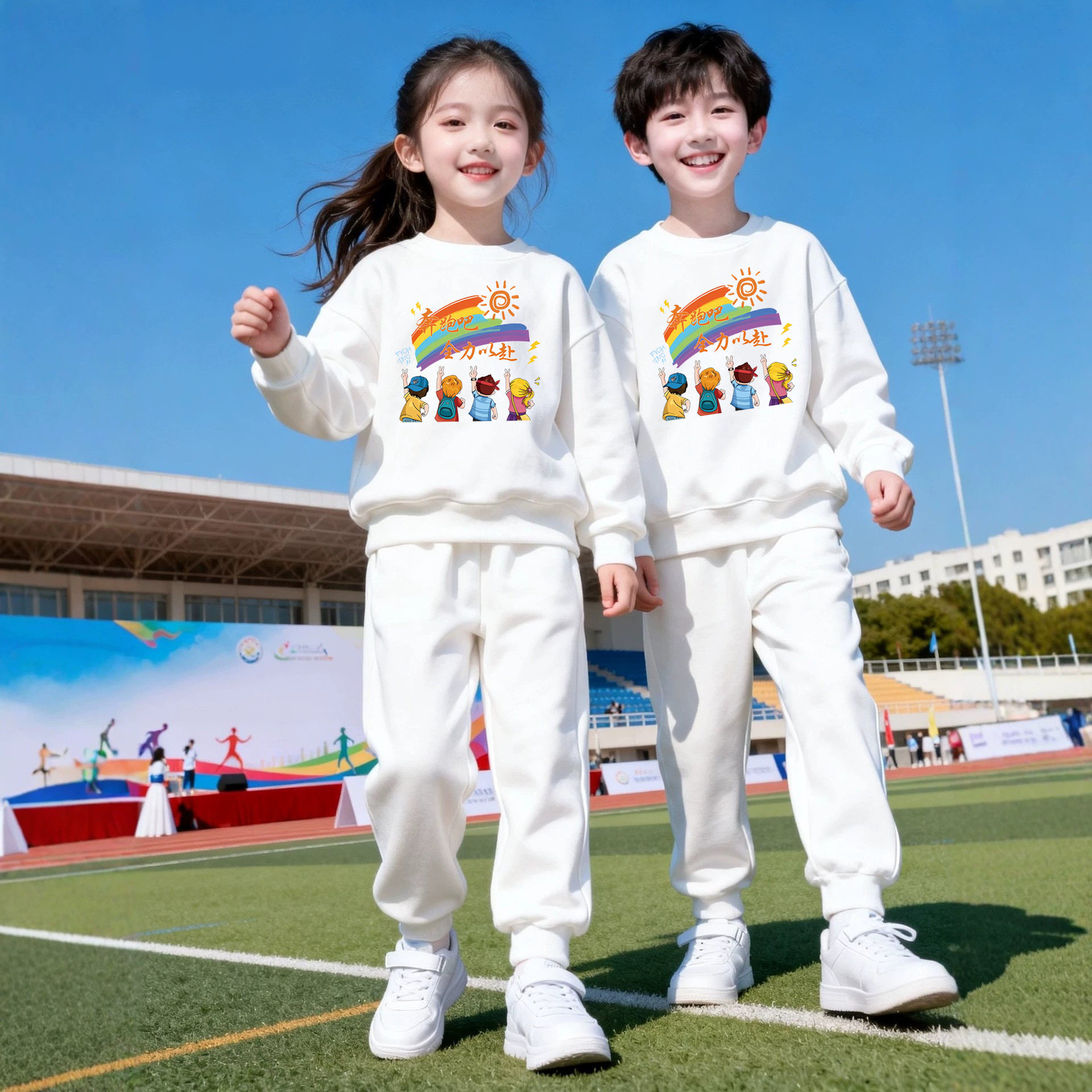 小学生秋冬白色卫衣卫裤运动套装