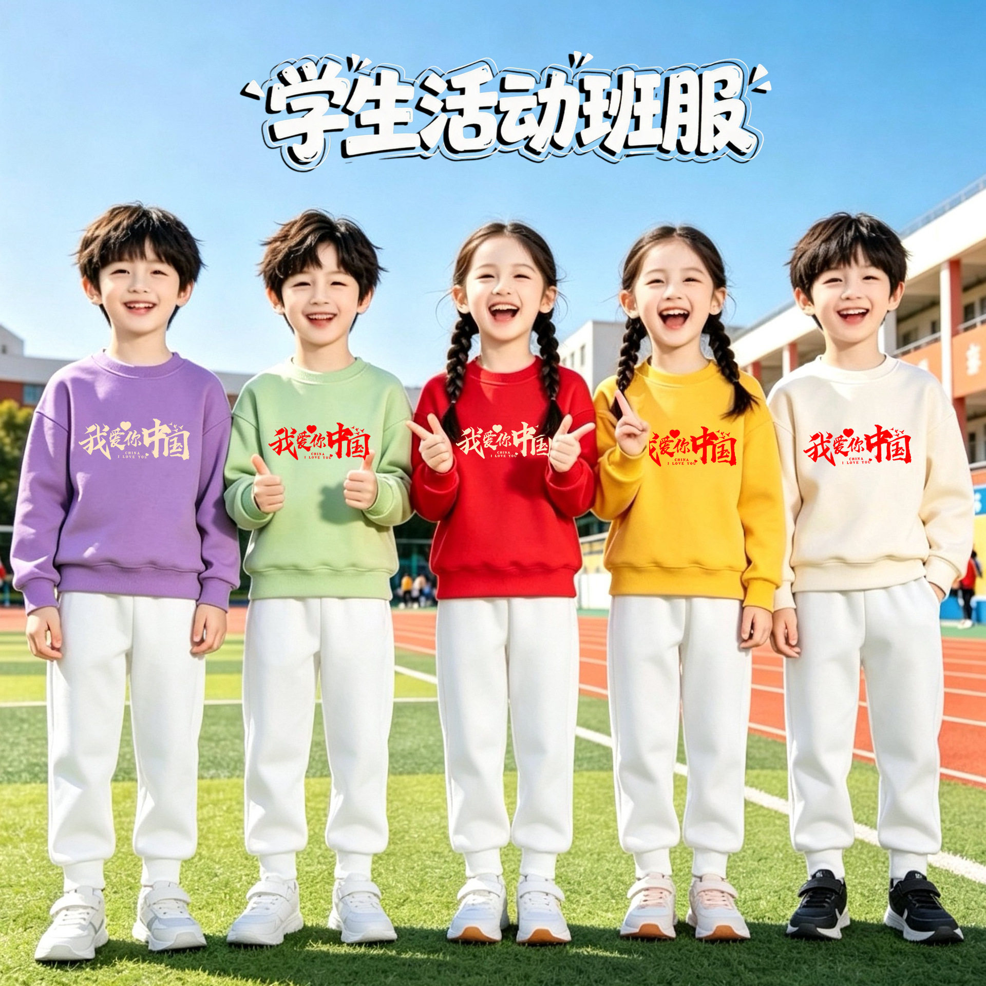 我爱你中国中大童纯白卫衣套装
