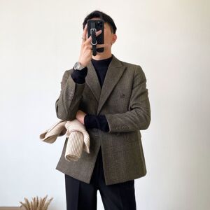 秋冬季复古休闲西服上衣男韩版修身英伦风格子双排扣小西装外套潮