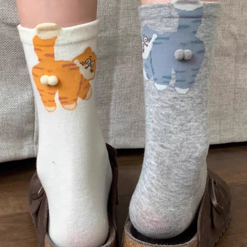 可爱猫咪蛋蛋卡通搞怪灰色中筒袜