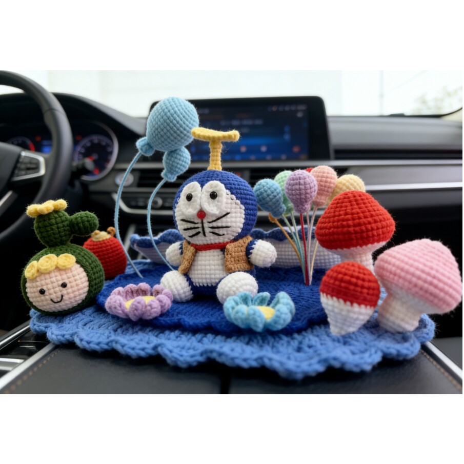 手工钩织哆啦A梦车载摆件成品