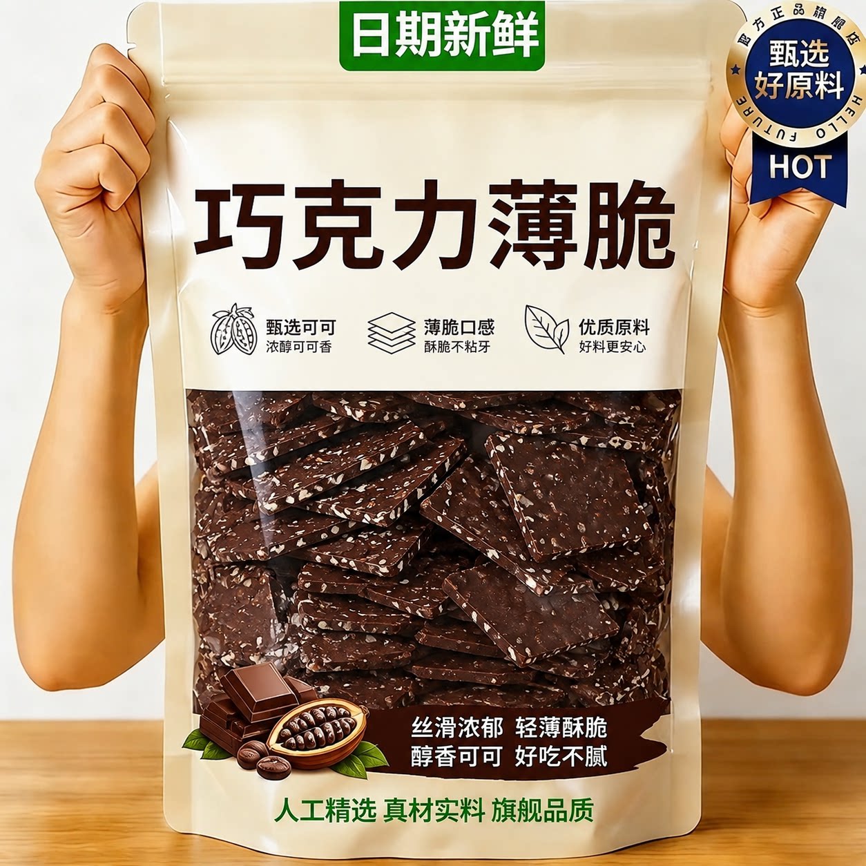 巧克力薄脆海盐黑巧薄脆纯可可椰子片巴旦木夹心饼干混合坚果零食