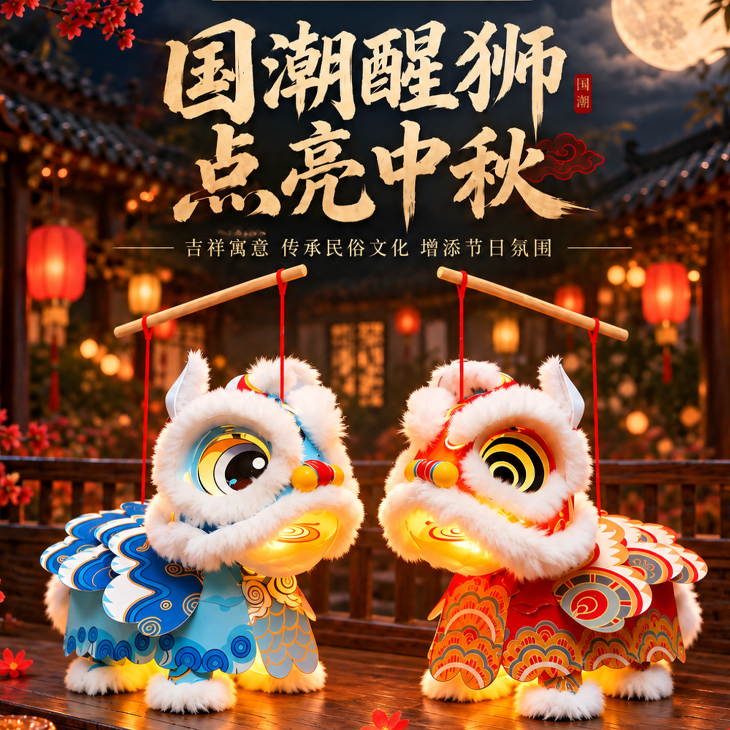 中秋节国潮醒狮灯笼手工图片