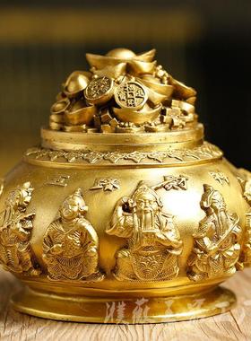 铜聚宝盆黄铜五路财神有盖聚宝盆新居乔迁开业礼物礼品装饰摆件