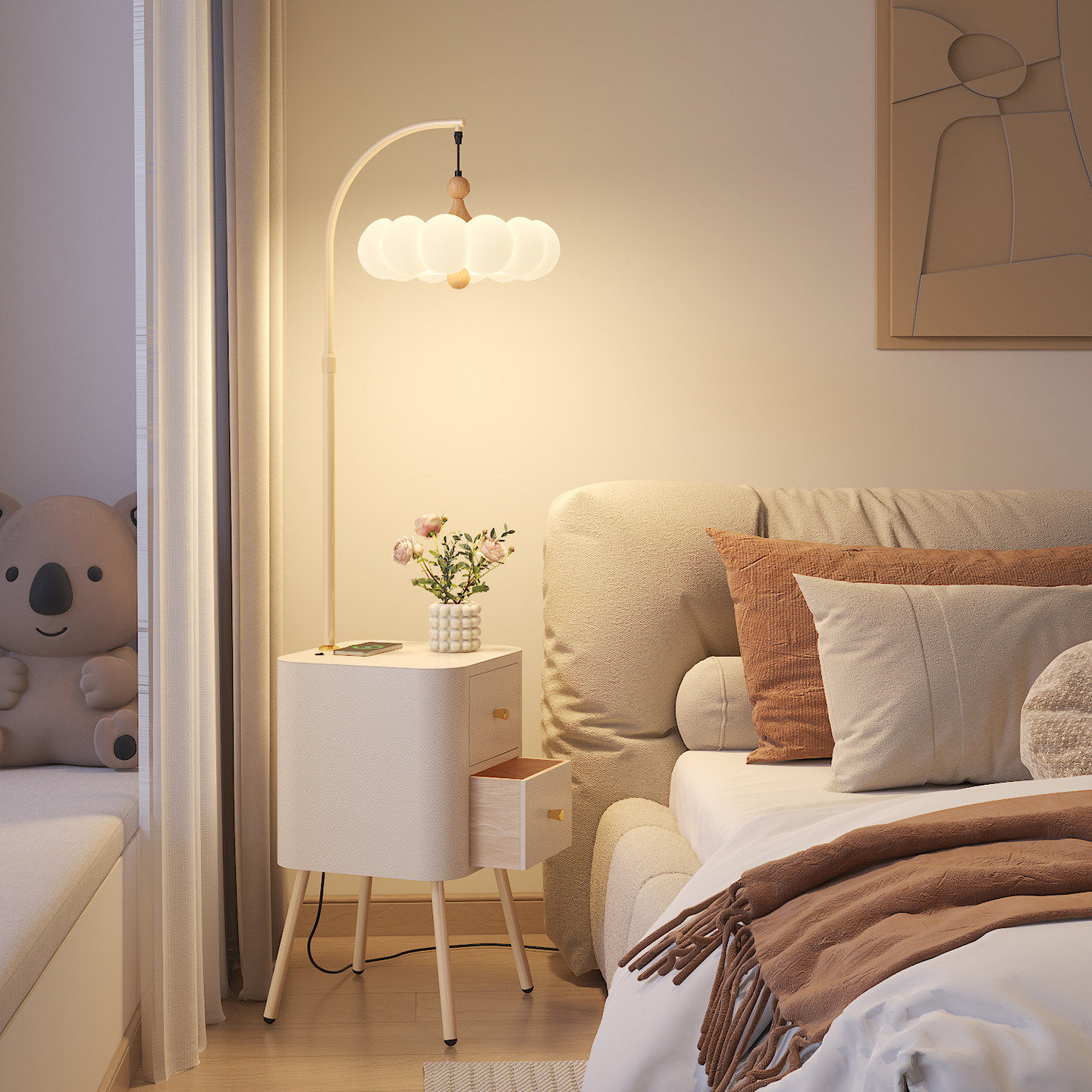 QINGYAO清瑶奶油风落地灯旁物充护眼客厅灯置一体线台灯无线沙发,家装灯饰光源,置物功能落地灯,淘宝优惠券,粉丝福利购,淘宝优惠卷