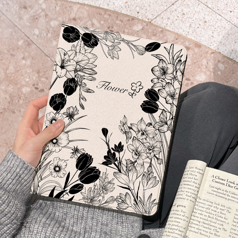 适用于ipad保护套ipad9壳黑色花朵苹果air5第十代平板2022新款pro11带笔槽10.2硅胶全包mini6防摔ari4书本式