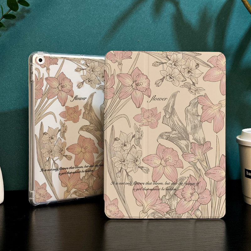 复古百合适用于ipad10保护套air5/4/3平板壳2022苹果第九代10.2寸10代mini6三折硅胶ipadpro11/12.9带笔槽女